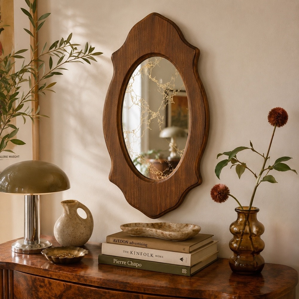 Vintage Wood Wall Mirror Gold Foxed Mirror Retro 70s Gold Accent Decor MCM